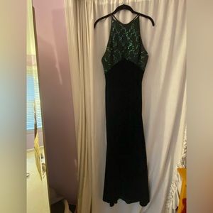 Emerald Green Velvet & Sequin Maxi Dress with Open Back